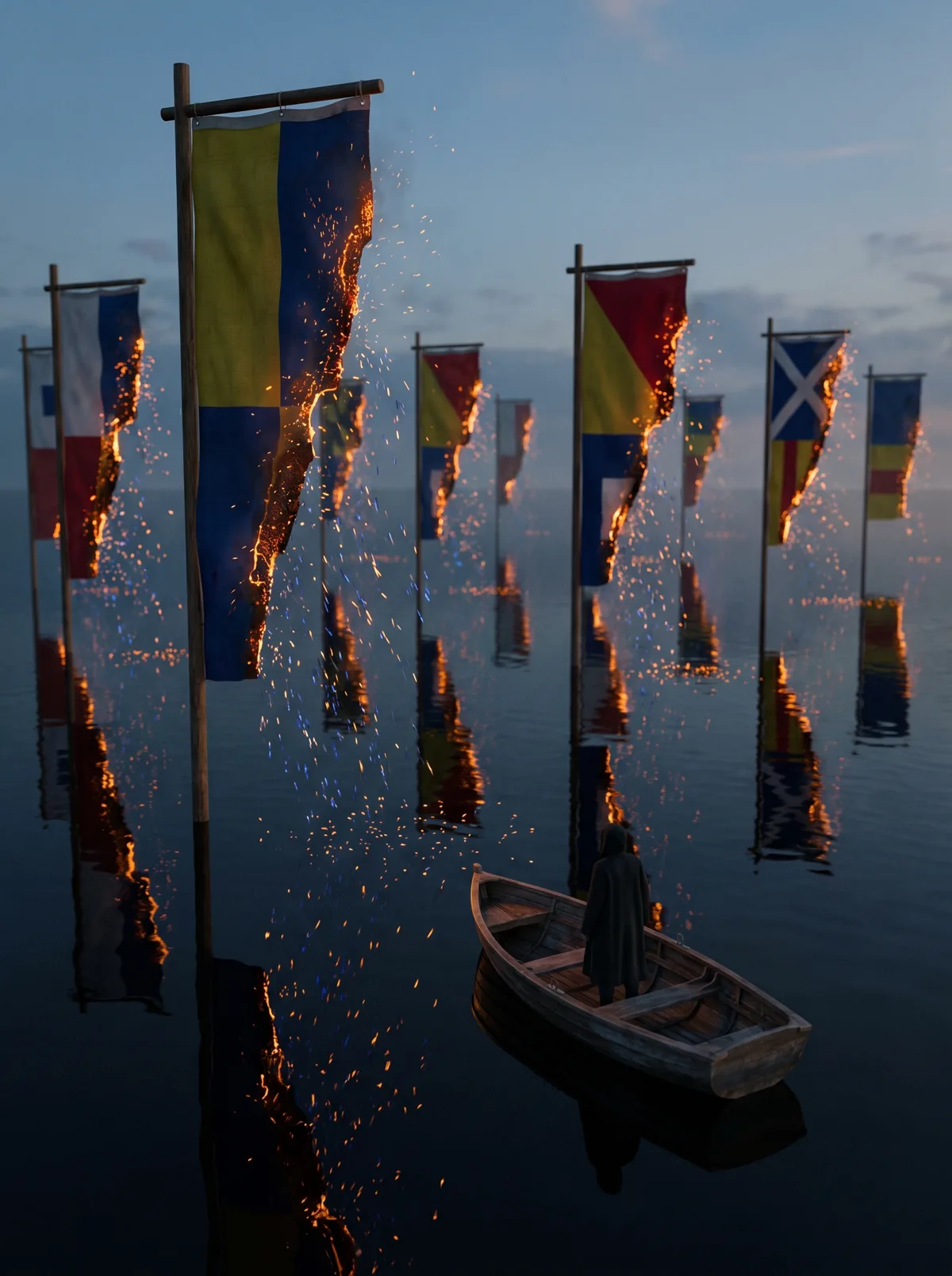 A fleet of nautical signal flags standing in mirror-calm water at dusk, each flag's edge burning into orange sparks, with a lone figure in a rowboat watching.