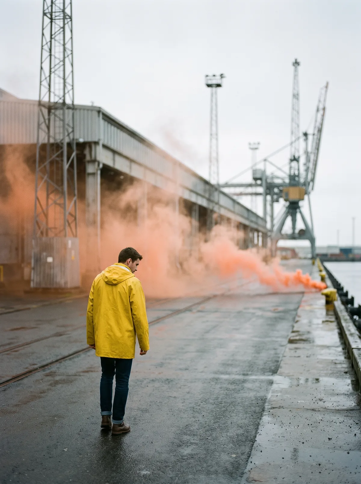 A cinematic dockside scene: a figure in a yellow raincoat walks past drifting orange smoke flares beneath tall industrial cranes.